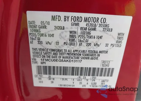 2010 Ford Escape Limited из США, поврежденный, VIN 1FMCU0EG5AKD13117